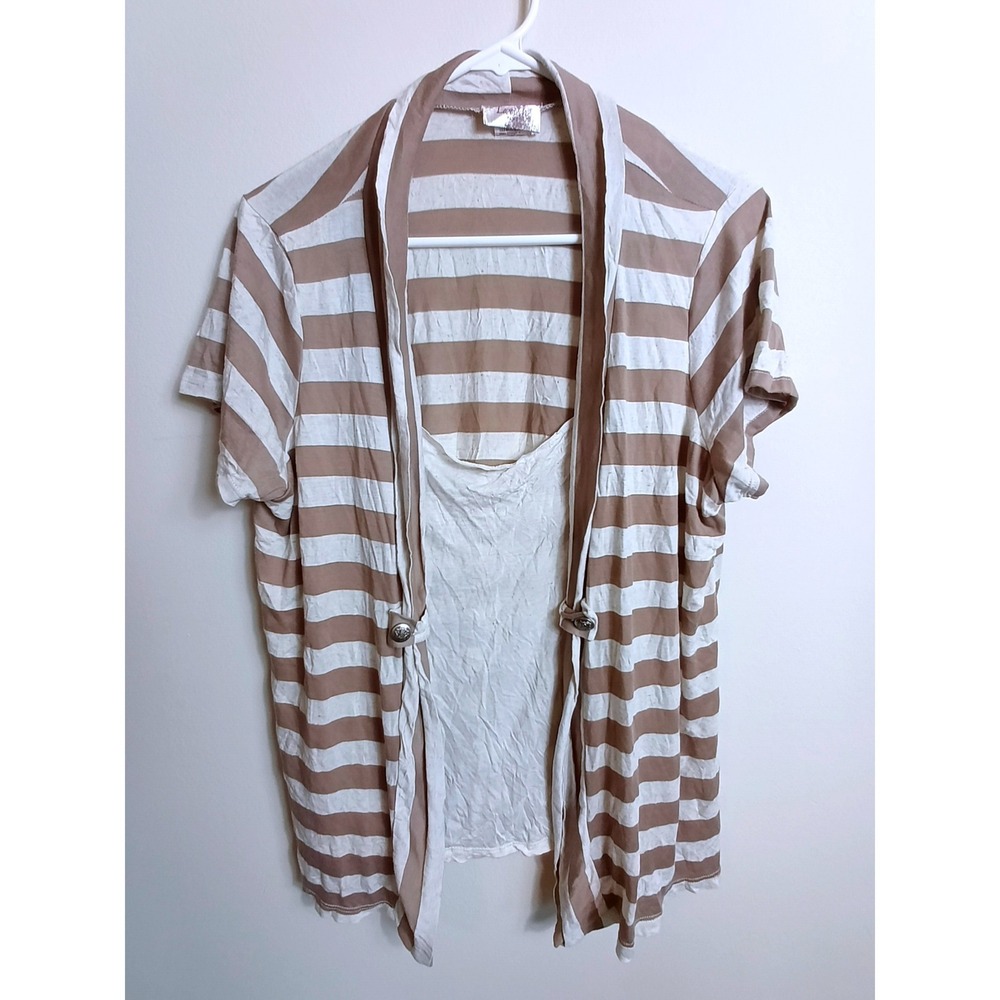 Lavish 2-in-1 Layered Top Womens 2X Tan White Excellent Striped Cardigan Cami